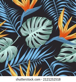 Floral seamless pattern with leaves. tropical background