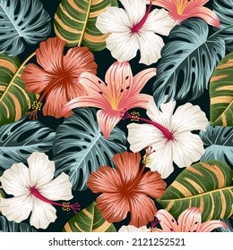 Floral seamless pattern with leaves. tropical background