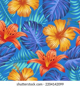 Floral seamless pattern with leaves. tropical background