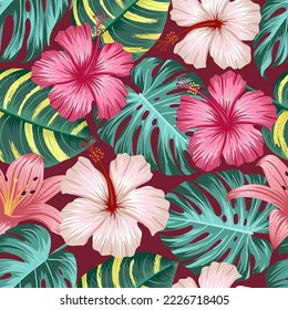 Floral seamless pattern with leaves. tropical background