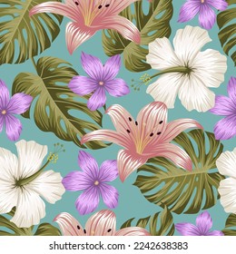 Floral seamless pattern with leaves. tropical background