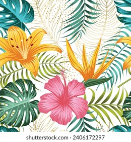 Floral seamless pattern with leaves. tropical background