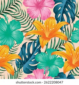 Floral seamless pattern with leaves. tropical background	