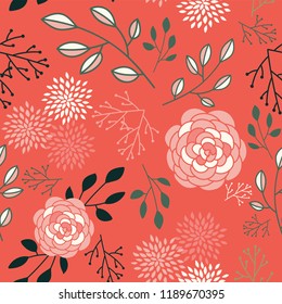Floral seamless pattern with leaves for wallpaper, textile, fabric, wrapping paper, greeting card, vector background, flower print