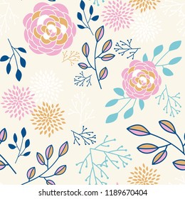 Floral seamless pattern with leaves for wallpaper, textile, fabric, wrapping paper, greeting card, vector background, flower print