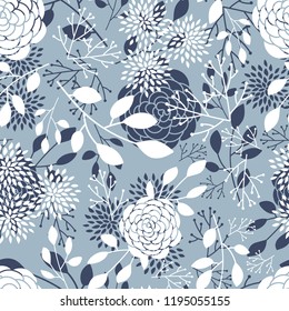 Floral seamless pattern with leaves for wallpaper, textile, fabric, wrapping paper, greeting card, vector background, flower print