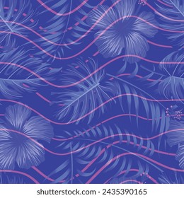 Floral seamless pattern with leaves. wavy lines, tropical background	
