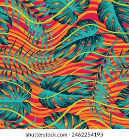 Floral seamless pattern with leaves. wavy lines, tropical background