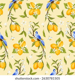 Floral seamless pattern with lemon branches and bluebird. Tropical bird, citrus plant with flowers and green leaves. Botanical nature wallpaper. Vintage blooming garden ornament. Vector illustration.
