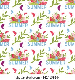 Floral Seamless Pattern with Lettering Summer. Endless Vector Illustration. Colored Butterflies, Plants Leaves and Word Advertising Vacation and Greeting with Summertime. Abstract Repeat Template