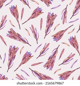 Floral seamless pattern with leucandron branches on a pink background. Suitable for printing on fabric, paper, packaging, wallpaper.