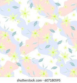 Floral Seamless Pattern in Liberty Style with Cute Small Flowers and Leaves on Pastel Background With color Blobs. Pretty Natural Ornament for Fabric, Textile, Cloth, Dress, Wallpaper