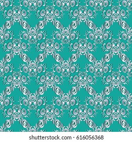  Floral seamless pattern. Light blue damask background wallpaper illustration with vintage silver 3d flowers, leaves and antique ornaments in Baroque Victorian style. Surface vector texture.