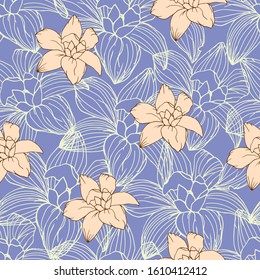 Floral seamless pattern of light, contour flowers on a purple background. Vector illustration for fabric, tile, paper.