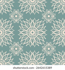 Floral seamless pattern. Light flowers on pastel green background. Vector. Ornament with sunflowers, traditional, ethnic motifs. Template for fabric and textile, interior design, printing.