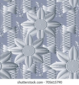 Floral seamless pattern. Light geometric background wallpaper illustration with white abstract 3d flowers, zigzags, shapes, figures and modern ornaments. Vector endless surface texture for fabric