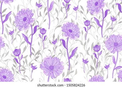Floral seamless pattern with light purple flowers on white background. Violet pattern for wrapping paper, textile, wallpapers, print, web pages, greeting. Vector.