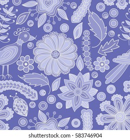 Floral seamless pattern lilac abstract hand drawn flowers insects birds vector. Pattern elements are hidden under mask, swatch is in the panel