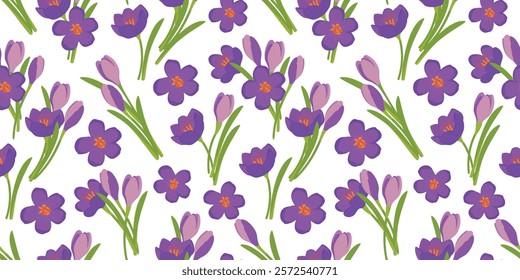 Floral seamless pattern with lilac crocuses on white background. Spring design from bouquets of flowers with petals and leaves. Cartoon print with blooming saffron. Vector seasonal flat illustration.