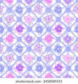 Floral seamless pattern, lilac and pink flowers in diamond diagonal grid.Vector illustration