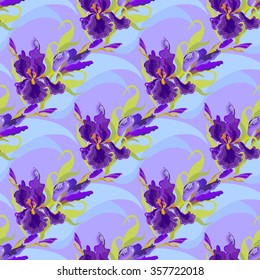 Floral seamless pattern. Lilac, violet, purple iris flower background. Hand drawn vector illustration of iris. Seamless pattern for printing textile, wallpaper, wrapping gift paper, texture for fabric