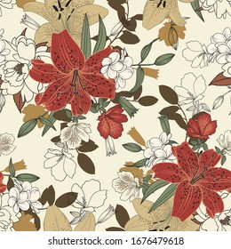 Floral seamless pattern with lilies, amelia, rhododendron, leaves for surface design