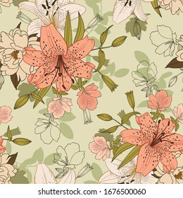 Floral seamless pattern with lilies, amelia, rhododendron, leaves for surface design