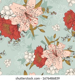 Floral seamless pattern with lilies, hellebore, leaves for surface design