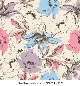 Floral seamless pattern, lilies and poppy print on paper or textile support