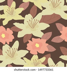 Floral Seamless Pattern with lilies,pink flowers and brown leaves. Botanical illustration for fabric, prints, invitation, wallpapers.