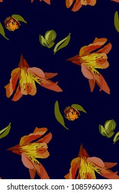 Floral seamless pattern with lily flowers and leaves. Botanical illustration  hand painted. Textile print, fabric swatch, wrapping paper.