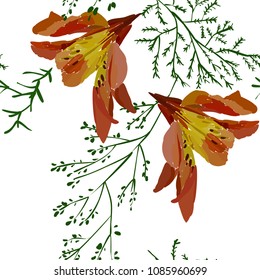 Floral seamless pattern with lily flowers and leaves. Botanical illustration  hand painted. Textile print, fabric swatch, wrapping paper.