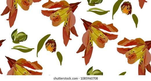 Floral seamless pattern with lily flowers and leaves. Botanical illustration  hand painted. Textile print, fabric swatch, wrapping paper.