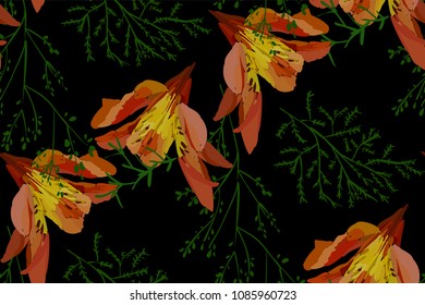 Floral seamless pattern with lily flowers and leaves. Botanical illustration  hand painted. Textile print, fabric swatch, wrapping paper.