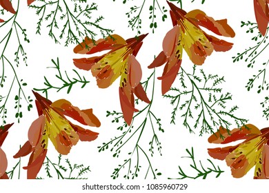 Floral seamless pattern with lily flowers and leaves. Botanical illustration  hand painted. Textile print, fabric swatch, wrapping paper.