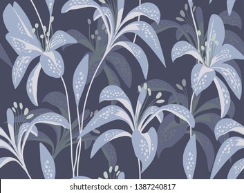 Floral seamless pattern. Lily flowers on a dark background