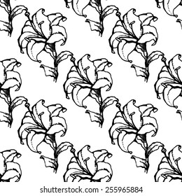 Floral seamless pattern of lily flowers, drawing, graphics.