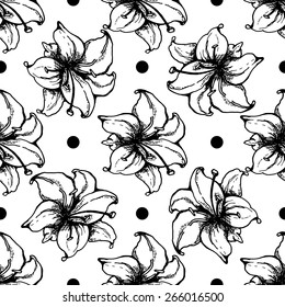 Floral seamless pattern of lily flowers and circles, drawing, graphics.