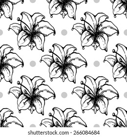 Floral seamless pattern of lily flowers and circles, drawing, graphics.