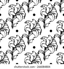 Floral seamless pattern of lily flowers and circles, drawing, graphics.