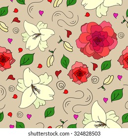 floral seamless pattern with lily flowers and roses, pastel colors , leaves and petals