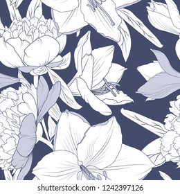 Floral seamless pattern. Lily peony flowers realistic detailed outline sketch drawing. Deep blue violet background. Botanical vector design illustration for fashion, textile, fabric, decoration.