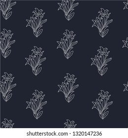 Floral seamless pattern. Lily peony flowers realistic detailed outline sketch drawing. Deep blue violet background. Botanical vector design illustration for fashion, textile, fabric, decoration.