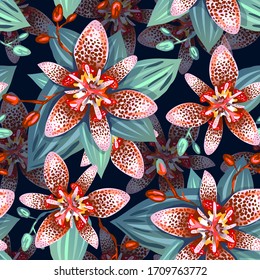 Floral seamless pattern. Lily Tricyrtis flower. Tropical print. Boho background. Vector illustration.