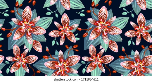 Floral seamless pattern. Lily Tricyrtis flower. Tropical print. Boho background. Vector illustration.