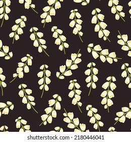 Floral seamless pattern with lily of the valley on a dark background. Suitable for printing on fabric, textile, wrapping paper, decorative wallpaper, packaging.