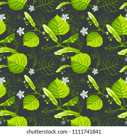 Floral seamless pattern with linden flowers. Hand drawn eco design for fabric and wrap paper, packaging- tea, oil, cosmetics etc.