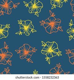 Floral seamless pattern in line art style.  Abstract botanical print of flowers, leaves, twigs.Textile design texture. Spring blossom background. Vector illustration.