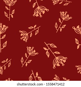 Floral seamless pattern in line art style.  Abstract botanical print of flowers, leaves, twigs.Textile design texture. Spring blossom background. Vector illustration.