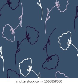 Floral seamless pattern in line art style.  Abstract botanical print of flowers, leaves, twigs.Textile design texture. Spring blossom background. Vector illustration. 